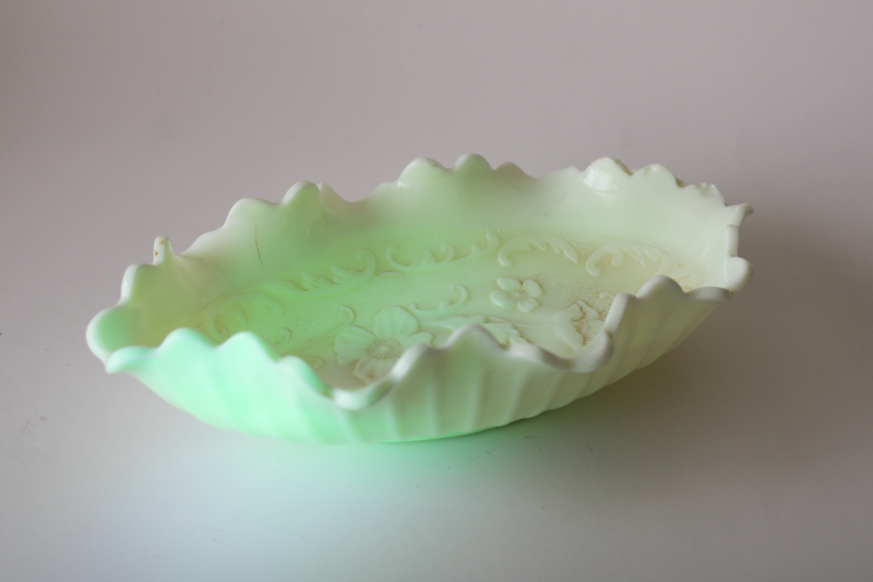 photo of antique custard glass trinket dish, ruffled celery w/ wild rose pattern, uranium glow color  #1