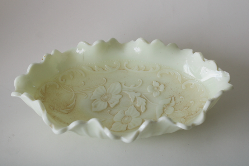 photo of antique custard glass trinket dish, ruffled celery w/ wild rose pattern, uranium glow color  #2