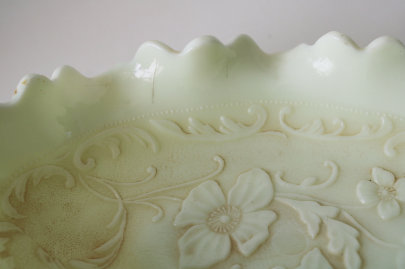 photo of antique custard glass trinket dish, ruffled celery w/ wild rose pattern, uranium glow color  #4