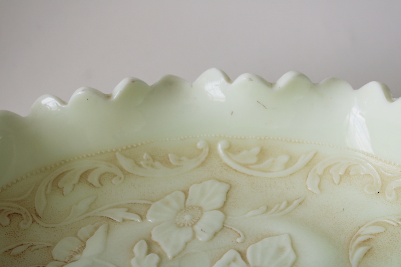 photo of antique custard glass trinket dish, ruffled celery w/ wild rose pattern, uranium glow color  #5