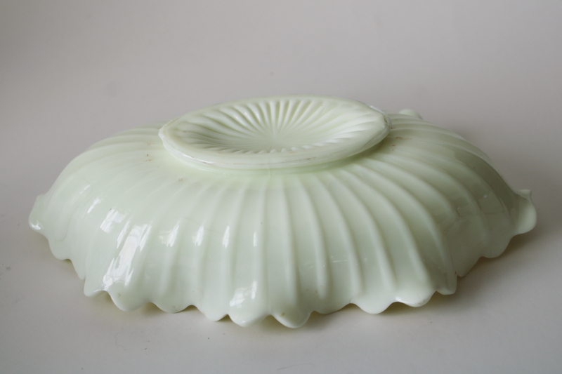 photo of antique custard glass trinket dish, ruffled celery w/ wild rose pattern, uranium glow color  #6