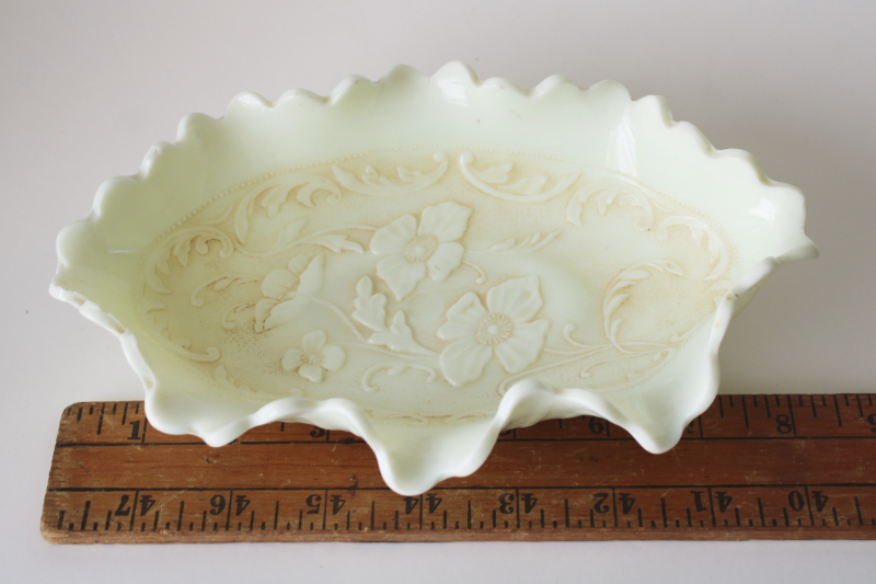 photo of antique custard glass trinket dish, ruffled celery w/ wild rose pattern, uranium glow color  #8