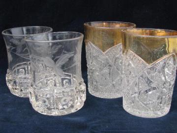 catalog photo of antique cut star & block pressed glass tumblers, two different old patterns