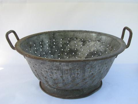 photo of antique dairy strainer / kitchen colander basket, large round bowl w/ handles #1