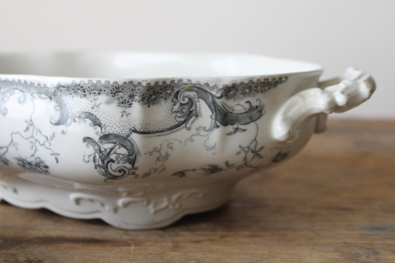 photo of antique dark blue transferware china tureen bowl, Victorian England serving dish Vienna pattern  #2