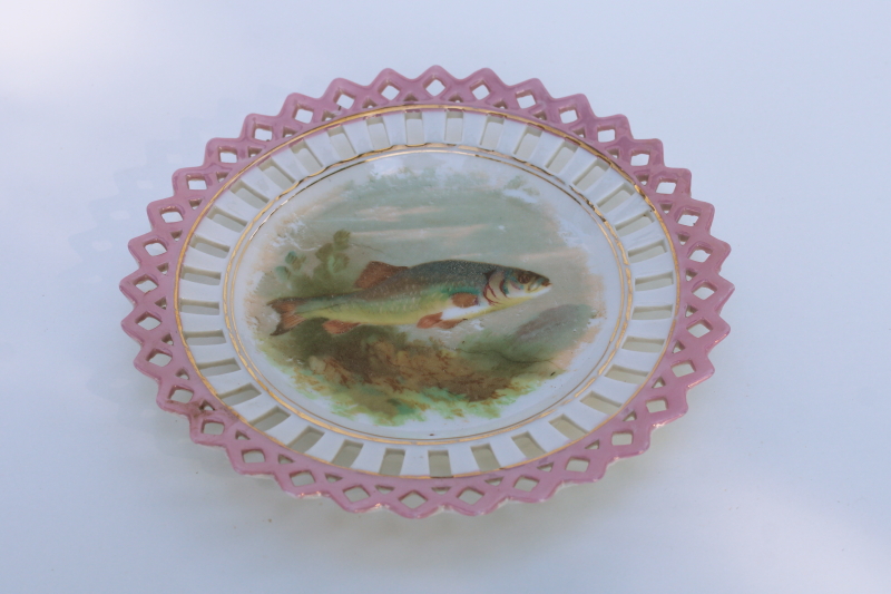 photo of antique decorative plate w/ fish, reticulated china probably Germany turn of the century  #1