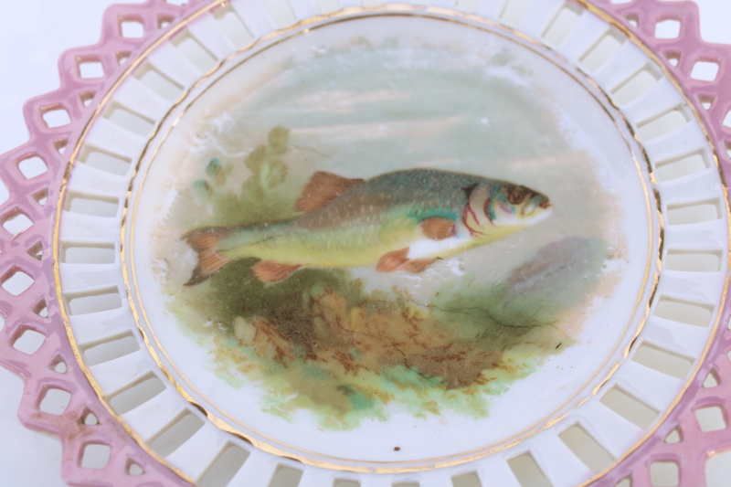 photo of antique decorative plate w/ fish, reticulated china probably Germany turn of the century  #2