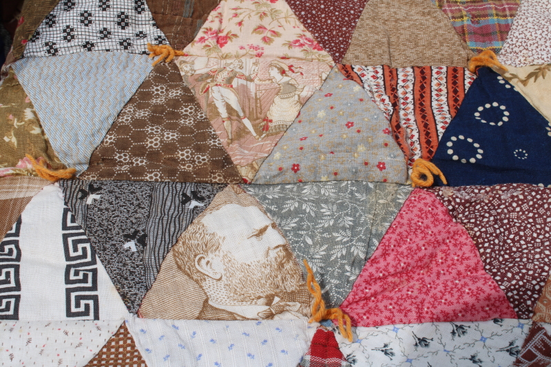 photo of antique diamond patchwork quilt, tons of different 1800s & early 1900s print cotton fabrics  #3