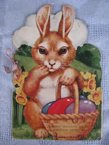 photo of antique die-cut Easter card w/ story book, Bunny Brown and egg basket #1