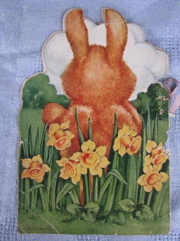 photo of antique die-cut Easter card w/ story book, Bunny Brown and egg basket #2