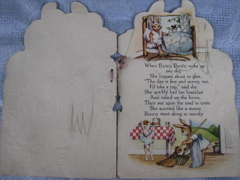 photo of antique die-cut Easter card w/ story book, Bunny Brown and egg basket #3