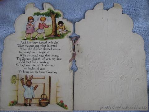 photo of antique die-cut Easter card w/ story book, Bunny Brown and egg basket #5