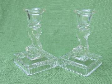 catalog photo of antique dolphin (fish) pattern candlesticks, vintage Imperial glass