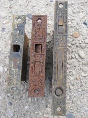 photo of antique door hardware, old Corbin mortise locks w/ ornate brass face plates #2