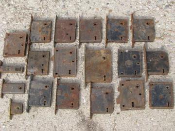 catalog photo of antique door hardware, old box locks, vintage mortise lock lot