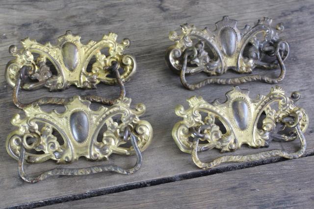 photo of antique drawer pulls, shabby ornate french country style gilt brass embossed handles #1