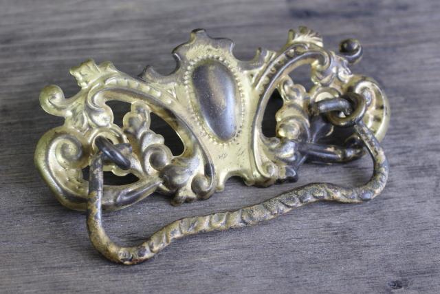 photo of antique drawer pulls, shabby ornate french country style gilt brass embossed handles #2