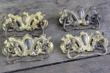 catalog photo of antique drawer pulls, shabby ornate french country style gilt brass embossed handles