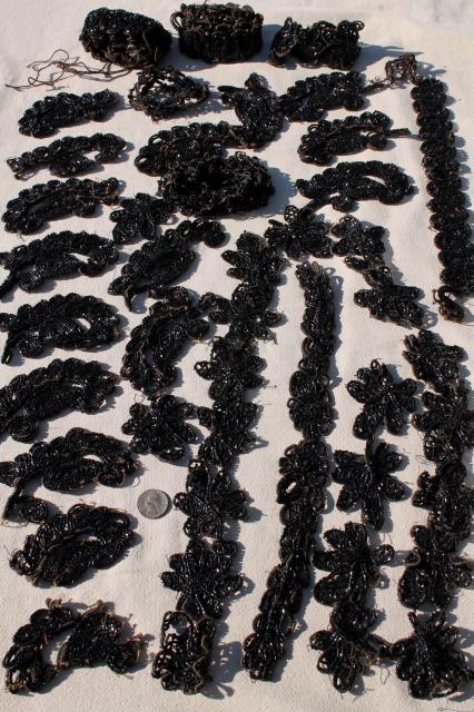 photo of antique dress trim, Victorian vintage jet black glass beaded embroidery appliques #1