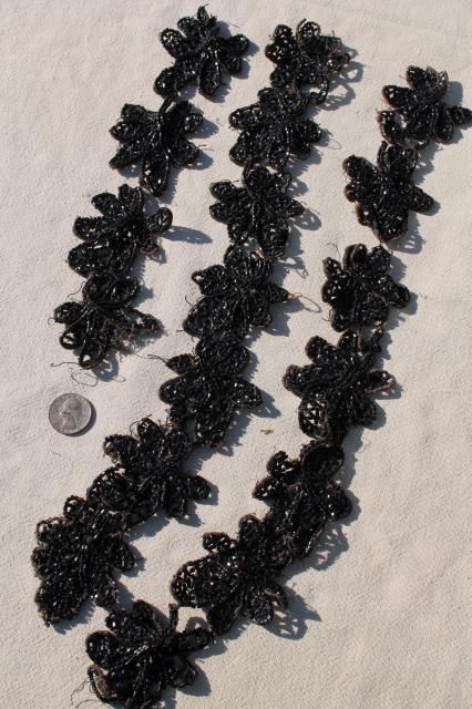 photo of antique dress trim, Victorian vintage jet black glass beaded embroidery appliques #2