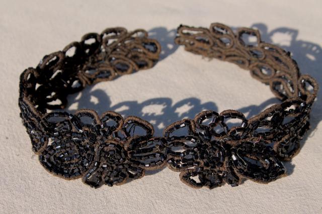 photo of antique dress trim, Victorian vintage jet black glass beaded embroidery appliques #3