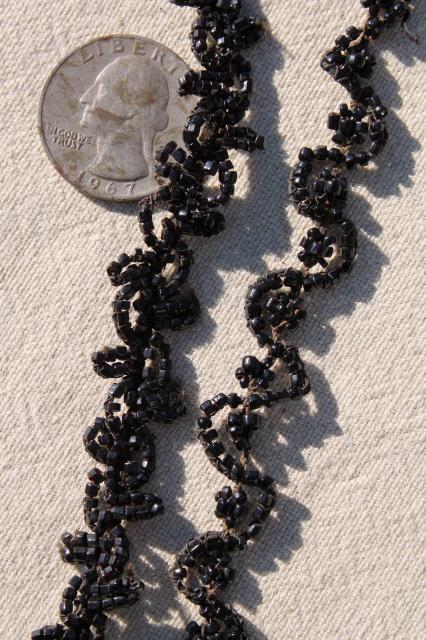 photo of antique dress trim, Victorian vintage jet black glass beaded embroidery appliques #6