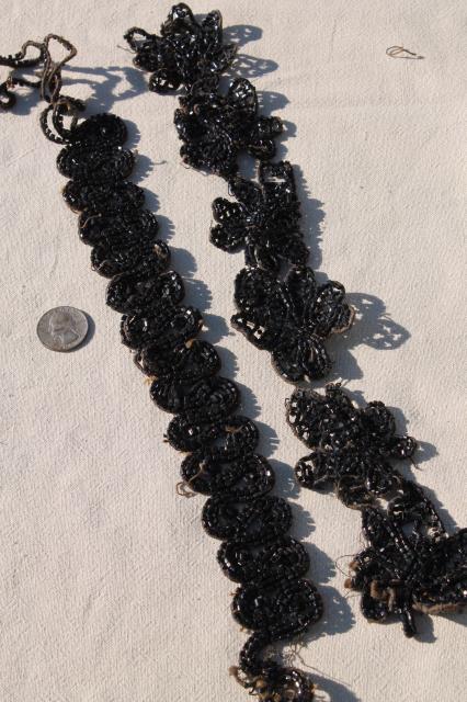 photo of antique dress trim, Victorian vintage jet black glass beaded embroidery appliques #7