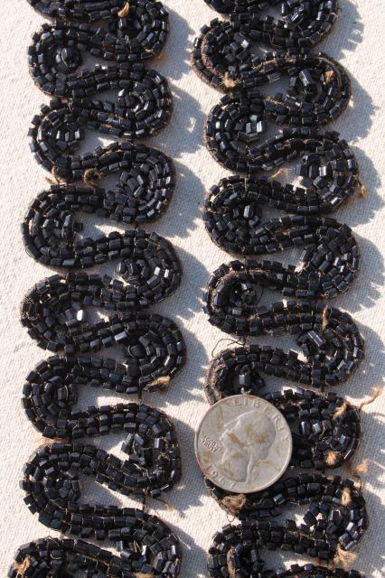 photo of antique dress trim, Victorian vintage jet black glass beaded embroidery appliques #9