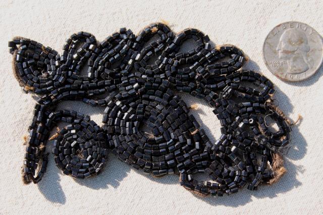 photo of antique dress trim, Victorian vintage jet black glass beaded embroidery appliques #11