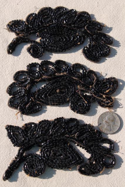 photo of antique dress trim, Victorian vintage jet black glass beaded embroidery appliques #12