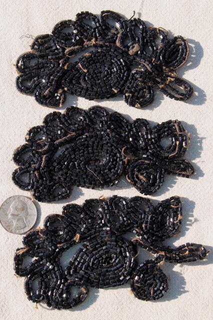 photo of antique dress trim, Victorian vintage jet black glass beaded embroidery appliques #13