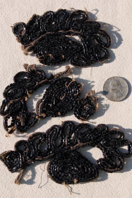 photo of antique dress trim, Victorian vintage jet black glass beaded embroidery appliques #16