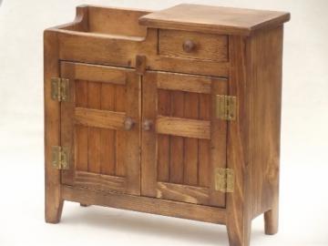 catalog photo of antique dry sink made for dolls, wood toy cupboard American girl doll size