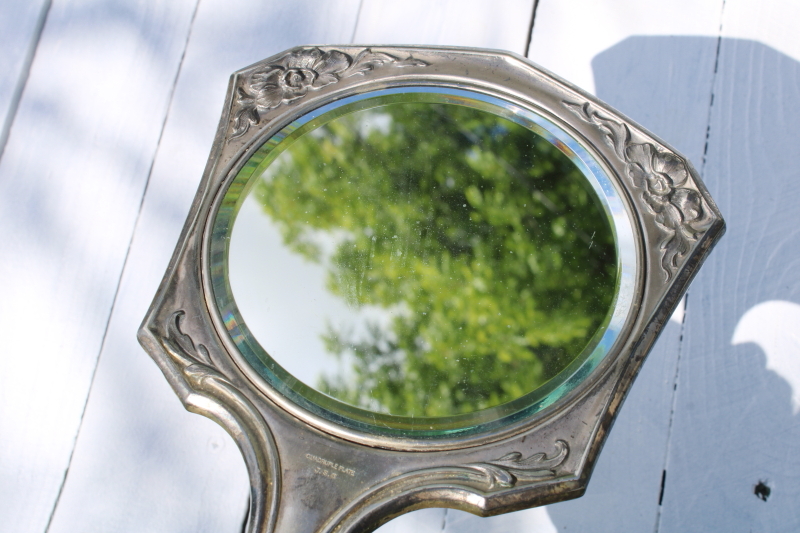photo of antique early 1900s Jennings Silver quadruple plate dresser set, hair brush & hand mirror beveled glass  #2