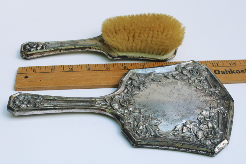 photo of antique early 1900s Jennings Silver quadruple plate dresser set, hair brush & hand mirror beveled glass  #3