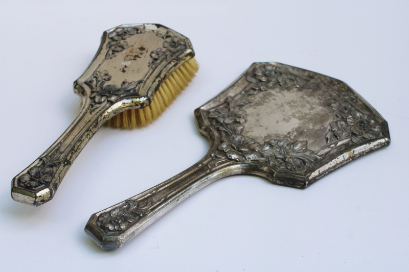 photo of antique early 1900s Jennings Silver quadruple plate dresser set, hair brush & hand mirror beveled glass  #6