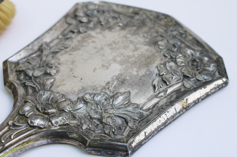 photo of antique early 1900s Jennings Silver quadruple plate dresser set, hair brush & hand mirror beveled glass  #7