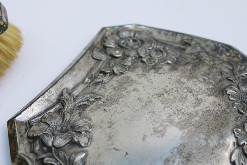 photo of antique early 1900s Jennings Silver quadruple plate dresser set, hair brush & hand mirror beveled glass  #8