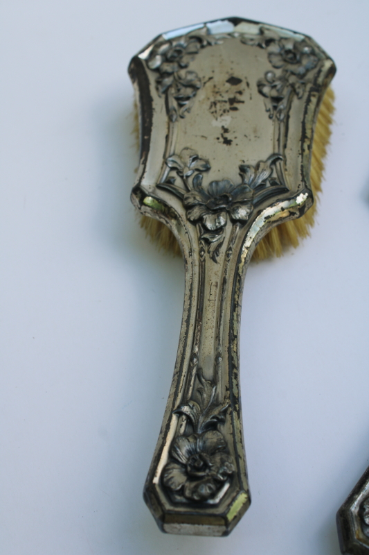 photo of antique early 1900s Jennings Silver quadruple plate dresser set, hair brush & hand mirror beveled glass  #9