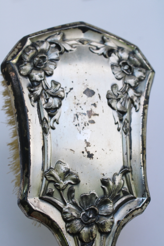 photo of antique early 1900s Jennings Silver quadruple plate dresser set, hair brush & hand mirror beveled glass  #10