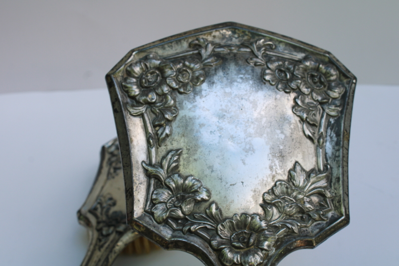 photo of antique early 1900s Jennings Silver quadruple plate dresser set, hair brush & hand mirror beveled glass  #11