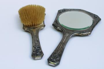 catalog photo of antique early 1900s Jennings Silver quadruple plate dresser set, hair brush & hand mirror beveled glass 