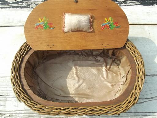 photo of antique early 1900s plank bottom sewing basket, adirondack camp style #7