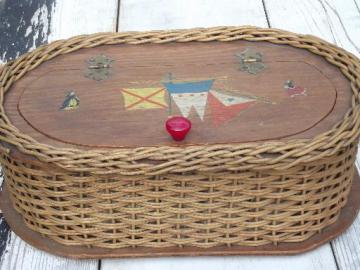 catalog photo of antique early 1900s plank bottom sewing basket, adirondack camp style