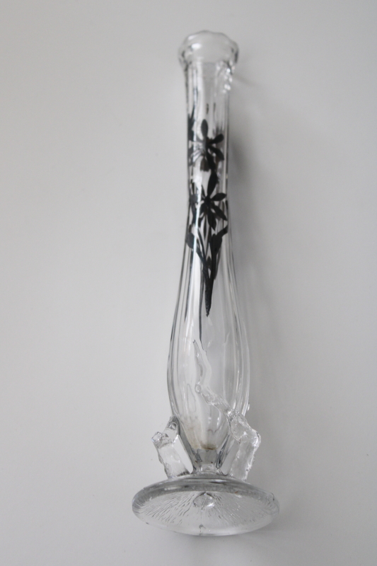 photo of antique early 1900s vintage Dugan glass twig vase, small bud vase w/ silver floral pattern #3