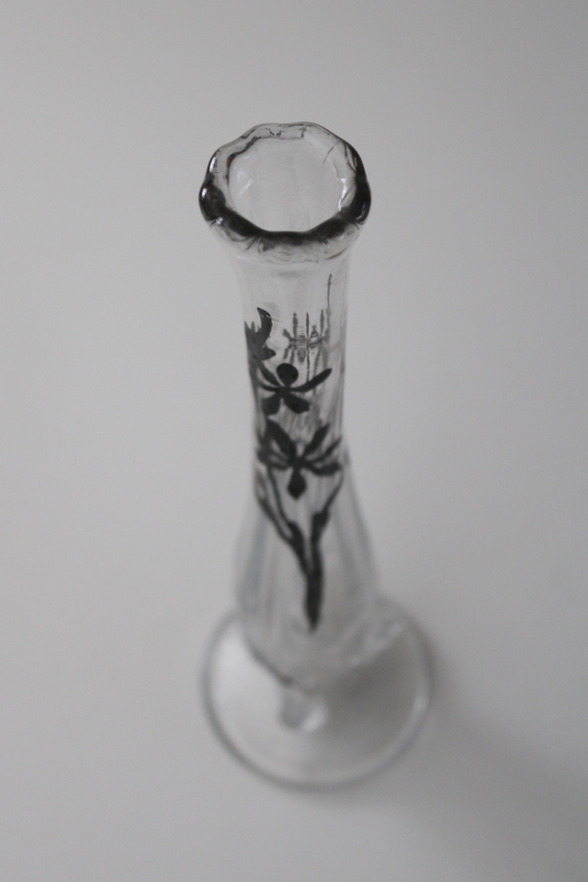 photo of antique early 1900s vintage Dugan glass twig vase, small bud vase w/ silver floral pattern #7