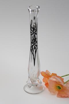 antique early 1900s vintage Dugan glass twig vase, small bud vase w/ silver floral pattern