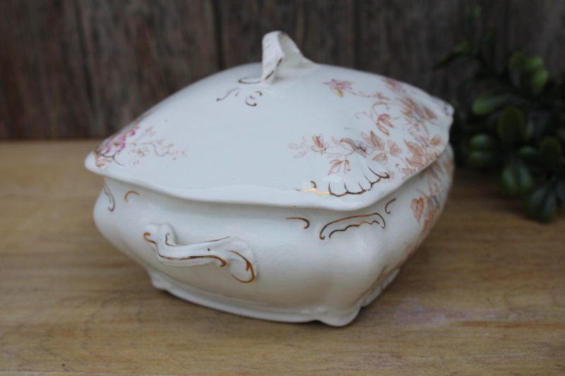 photo of antique early 1900s vintage Ridgways England ironstone china, small square covered dish  #3