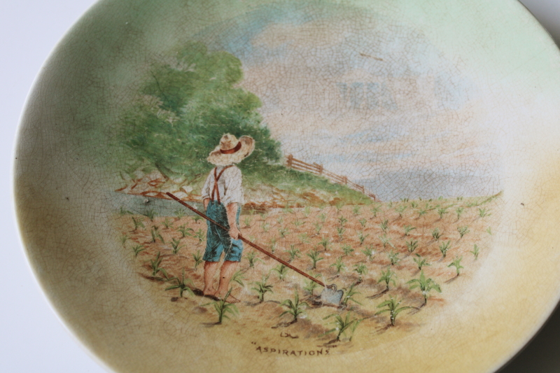 photo of antique early 1900s vintage brown stained china plate, farm boy in cornfield scene  #2