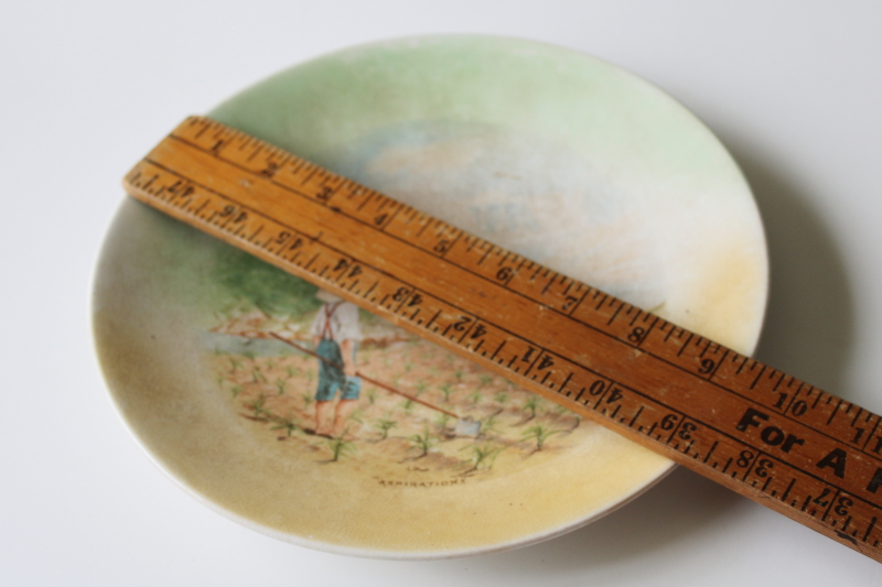 photo of antique early 1900s vintage brown stained china plate, farm boy in cornfield scene  #3